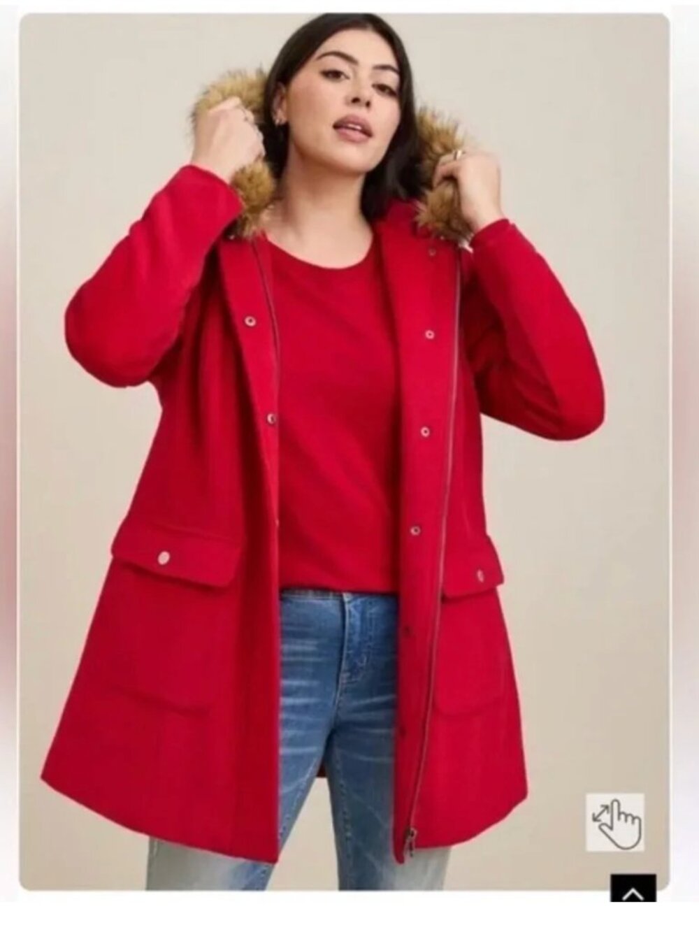Torrid Red Wool Zip-Front Faux Fur Trim Hooded Coat- Size 2